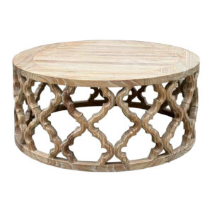 Handcrafted French Vintage Style recycled elm wood round coffee table with lattice base and smooth top, featuring a natural finish.