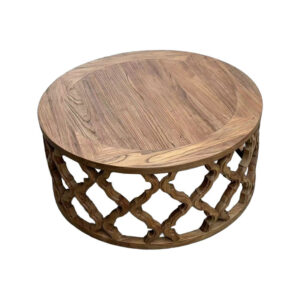 A handcrafted recycled wood coffee table with a solid top and intricate lattice-style base, designed for a coffee shop.