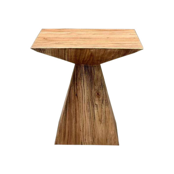 The French Vintage Solid Elm Side Table features a distinctive rectangular top and a tapered, pyramid-shaped base.