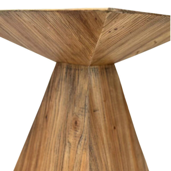 Close-up of French Vintage Elm Wood Side Table, with geometric conical base and square top showcasing detailed wood grain.