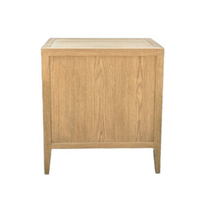 The French Oak Night Table features a clean, rectilinear design with a drawer, four sturdy legs, and a smooth top.