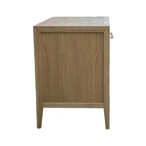 French Antique Style eco-friendly wood side table with drawer, showcasing clean lines, natural grain, smooth surface, and straight legs.