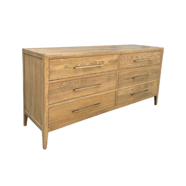 The French Oak Chest features six drawers, three per side, with simple handles and a smooth finish.