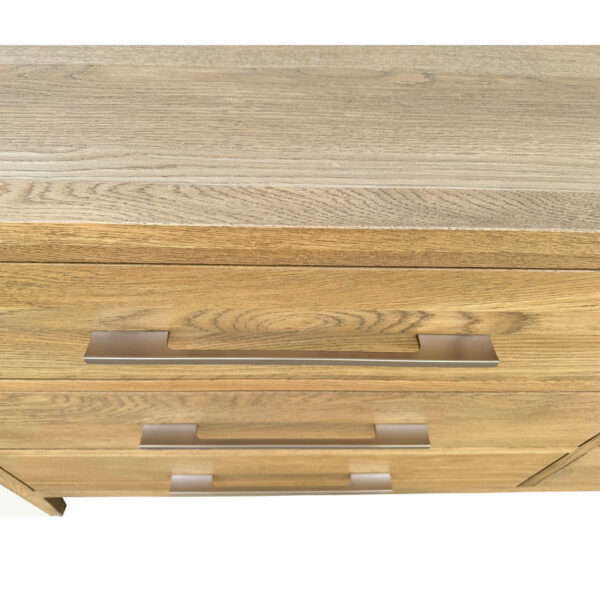 Top view of a French Oak Storage Chest with three drawers, each featuring embedded metal handles to accentuate the wood grain.