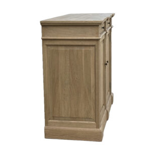 The Antique Solid Oak Wood Cabinet features a rectangular top, two drawers, and doors, with hand-carved detailing and a natural finish.