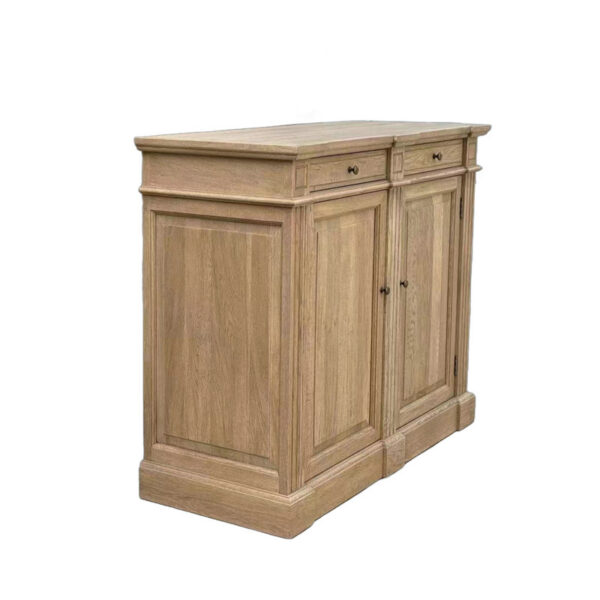 The Antique Style Oak Storage Cabinet has two drawers, two cabinets, simple handles, and a natural finish showcasing solid oak durability.