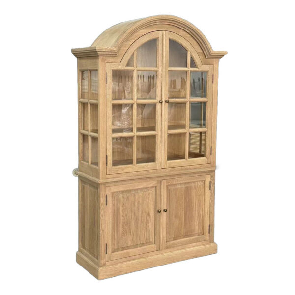 Introducing the French Style Solid Oak Hutch: an elegant kitchen cabinet with glass-paneled doors on top and solid double doors below.