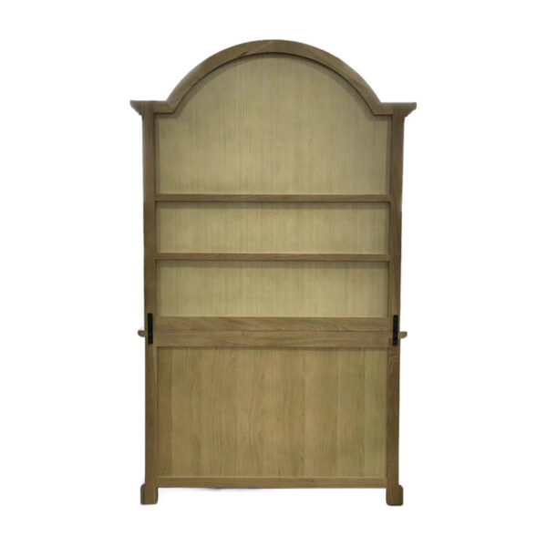 Introducing the French Style Solid Oak Hutch for your kitchen. This classy cabinet has an arched top, three shelves, and a panel at the bottom.