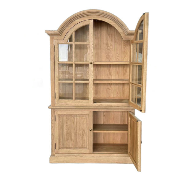 The French Oak Hutch for Kitchen features an arched top, glass-paneled upper doors, and solid lower doors.