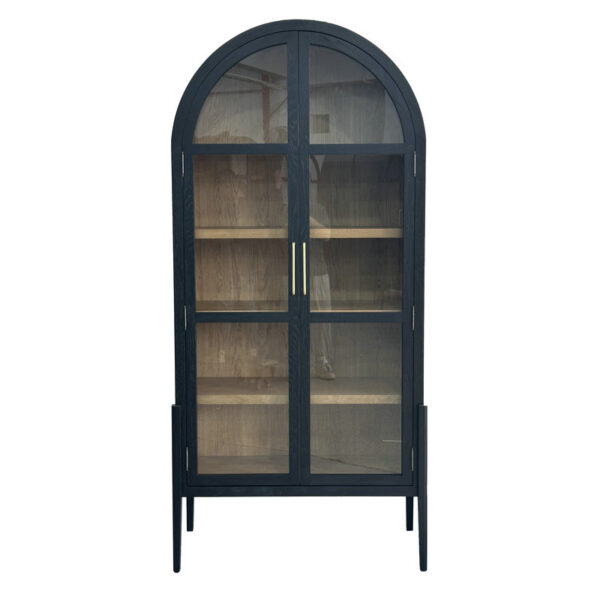 Modern Solid Oak Arched Display Cabinet with Glass Doors and Three Shelves.