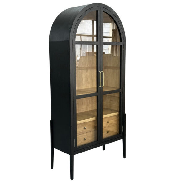 The Modern Solid Oak Display Cabinet features an arched top, glass doors, shelves, two drawers, a black frame, and brass handles.