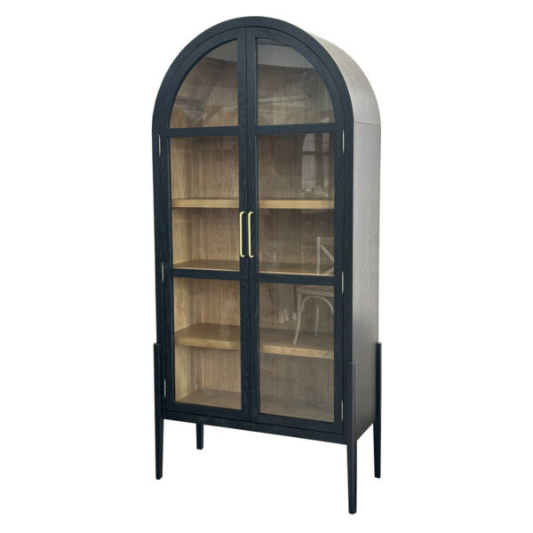 The Modern Solid Oak Arched Display Cabinet features glass doors, gold handles, and multiple shelves.