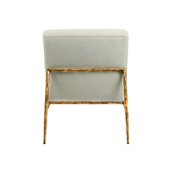 Back view of modern metal chair with sophisticated light grey linen upholstered seat.