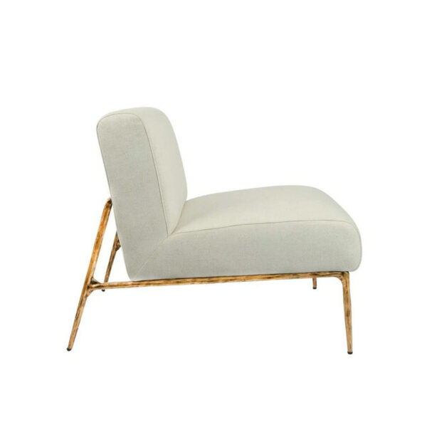 Side view of a modern chair with light grey linen fabric on a cushioned seat and backrest, supported by a slender gold metal frame.