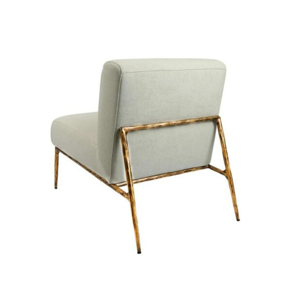 A light gray linen chair with a minimalist metal frame, gold-finished legs, and backrest. Photographed from the rear.