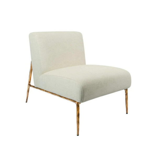 The Linen Fabric Chair features beige upholstery, a sleek metal frame, and elegant gold legs for a minimalist design.