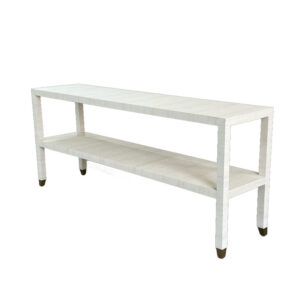 The French Style White Solid Wood Console Table has a rectangular top, four legs, and a lower shelf for extra storage.