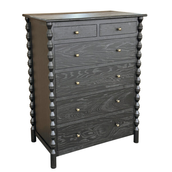 The Tallboy Hourglass Leg Wooden Storage Chest features six drawers, spindle details, and brass knobs, adding modern luxury to your bedroom.