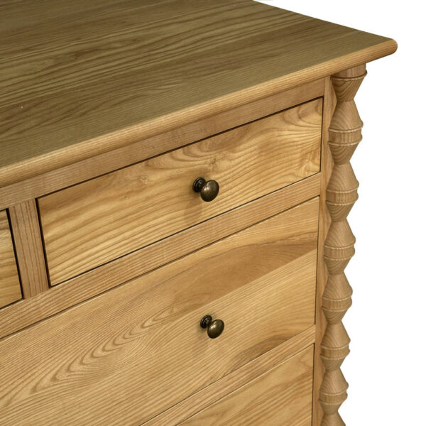 Modern Luxury Tallboy Wooden Storage Chest with smooth finish, 3 drawers, round metal knobs, and decorative carved column.