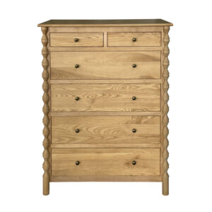 The Modern Luxury Tallboy Storage Chest features 2 small and 4 large drawers with round pulls, set on ornate hourglass legs.