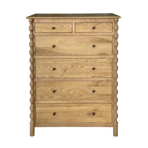 The Modern Luxury Tallboy Storage Chest features 2 small and 4 large drawers with round pulls, set on ornate hourglass legs.