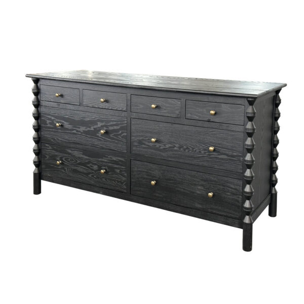 Contemporary Solid Wood 8-Drawer Bedroom Cabinet with Hourglass Legs, Carved Spindles & Brass Knobs.