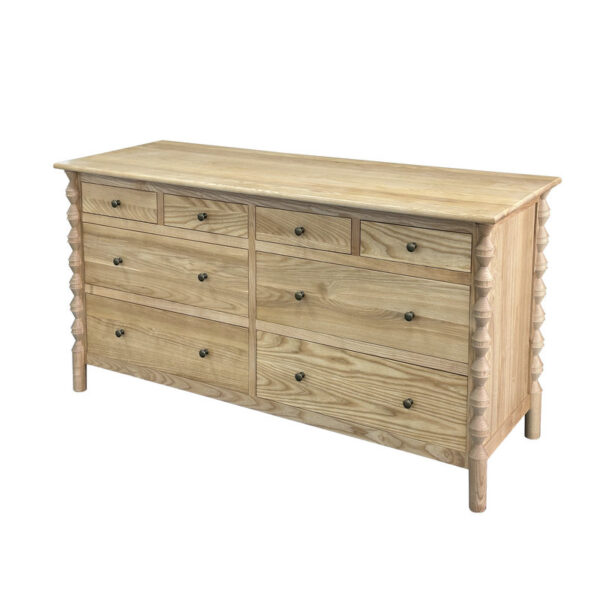 The Contemporary 8-Drawer Solid Wood Luxury Cabinet features hourglass legs and elegant black knobs, perfect for bedroom storage.