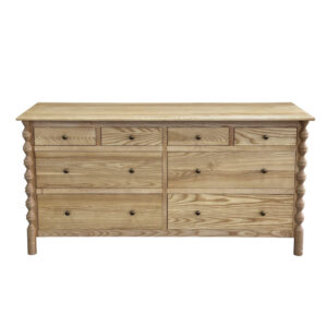 Meet the Contemporary Solid Wood 8 Drawer Cabinet: perfect for the bedroom with an hourglass shape, elegant legs, and small round handles.