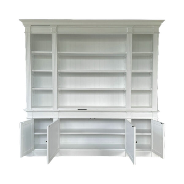 The Dundee French Provincial White Bookcase Cabinet has multiple shelves and six lower doors, with four revealing extra storage.