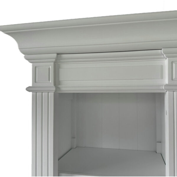 Close-up of the Dundee French Provincial Style Small White Bookcase, showcasing decorative molding and columns. Interior is empty.