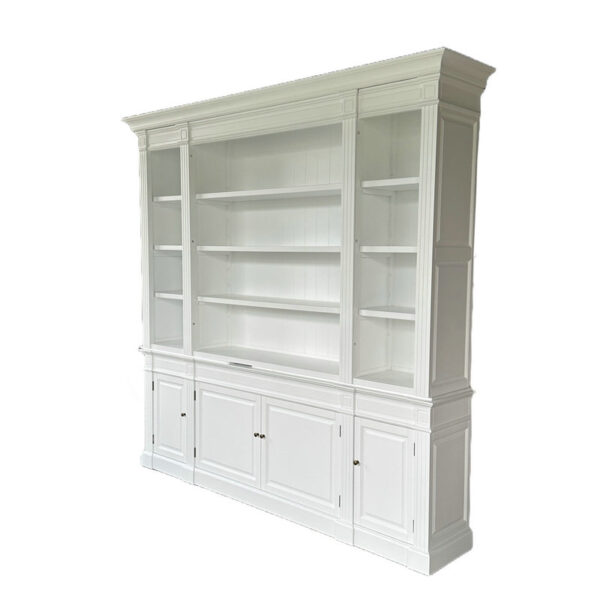 The Dundee French Provincial Solid Wood White Bookcase has four bottom doors and multiple top shelves.