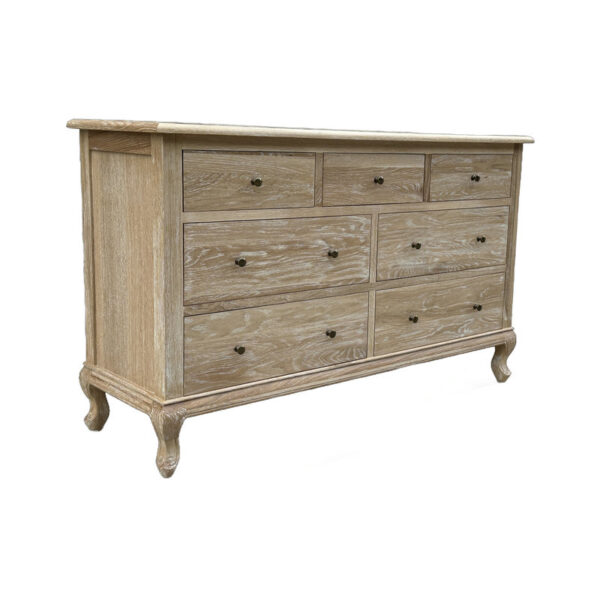 French Antique Style solid wood chest with 7 drawers, weathered finish, and elegantly curved legs.