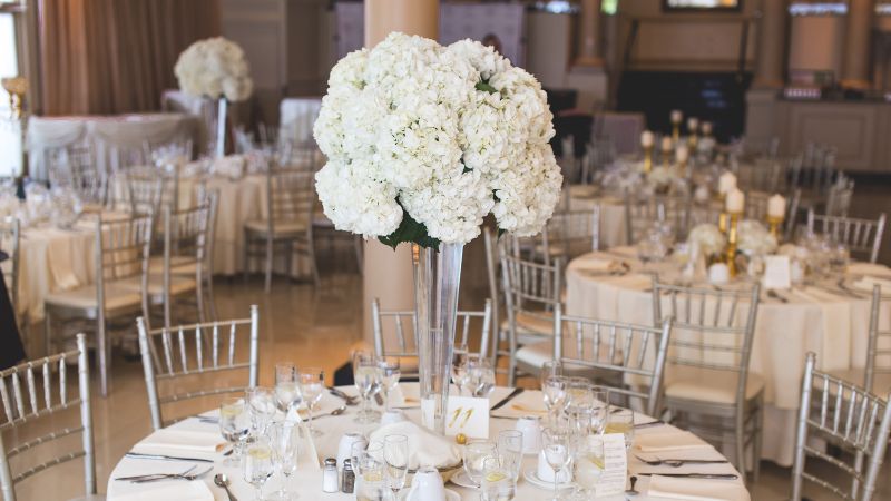 Elevate your wedding with elegant round tables, silver chairs, and large white hydrangea centerpieces.