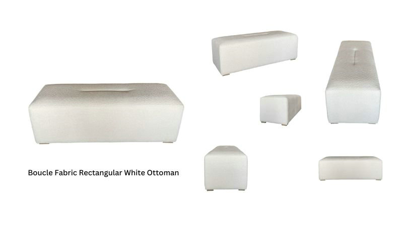 Six views of a rectangular white ottoman from Hoolnn's Bouclé Furniture collection.