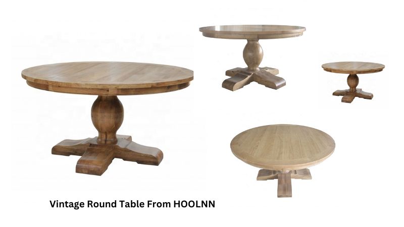 Discover a Hoolnn wooden vintage round table with a pedestal base. Perfect for any setting, it merges charm and functionality elegantly.