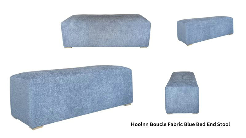 The elegant Blue Bouclé bed end stool by Hoolnn showcases exquisite craftsmanship and timeless style from multiple angles.