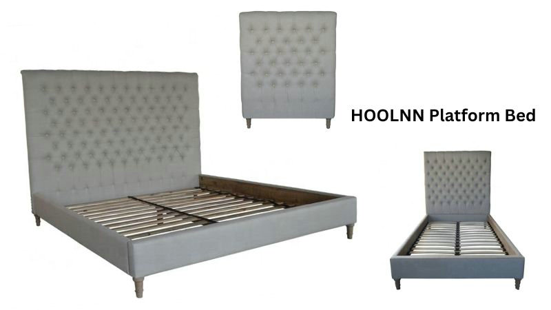 The HOOLNN platform bed boasts a tall tufted headboard and slatted base, elegantly showcased from various angles.