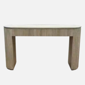 The Beige Solid Oak Fluted Entryway Table boasts a light finish, ribbed texture, and rounded edges—ideal for any modern entryway.