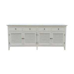 The Hamptons Style White Birch Sideboard features four louvered cabinet doors and four top drawers.