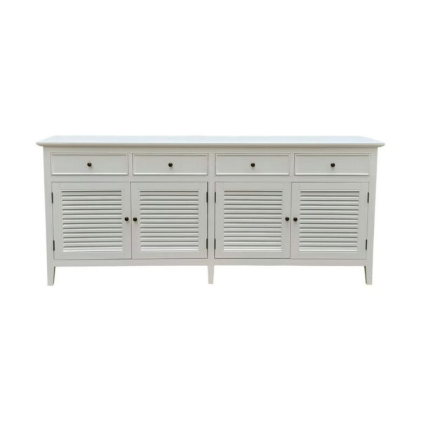 The Hamptons Style White Birch Sideboard features four louvered cabinet doors and four top drawers.