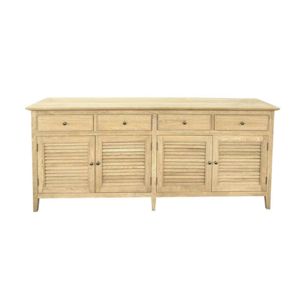 Houten dressoir met 4 lades en 4 jaloeziedeuren.