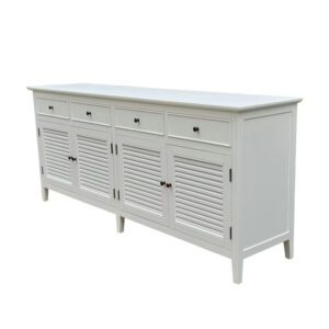 Hamptons-style white birch sideboard offers ample storage with a flat top, 4 drawers, louvered doors, and round handles.