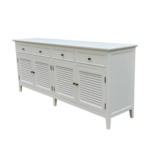 Sideboard aus weißer Birke im Hamptons-Stil bietet reichlich Stauraum mit flacher Oberseite, 4 Schubladen, Lamellentüren und runden Griffen.