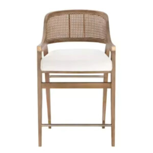 Solid wood kitchen stool with rattan backrest and cushioned seat. Product: French High White Linen Cushion Rattan Stool.