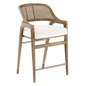 The French Kitchen Stool features a solid wood frame, rattan backrest, and white linen seat, blending rustic charm with modern style.