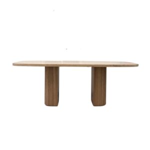 The Modern Style Oak Dining Table features a flawless rectangular top and two pillar legs, seating six comfortably.