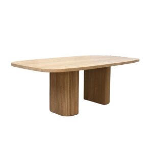 The Modern Style Oak Dining Table seats 6, featuring an oval top with two cylinder supports and a natural finish highlighting the grain.