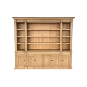 The French Provincial Oak Bookshelf features open upper shelves and closed lower cabinets in a natural wood finish.