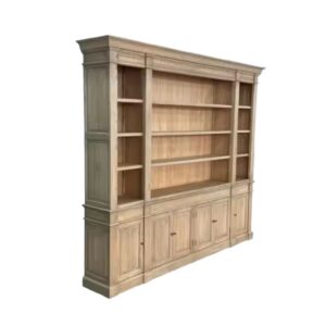 French Provincial Dundee Hamptons Oak Vintage Library Bookshelf with multiple shelves, cabinets, and a natural finish.