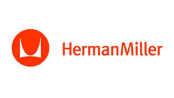 Herman Milleri logo: punane embleem valge abstraktse kujundiga, punane "HermanMiller" – ikooniline kvaliteetmööbli bränd.